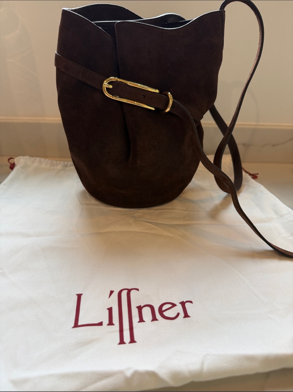 Liffner Dark Brown Suede Bucket Bag with Gold Buckle